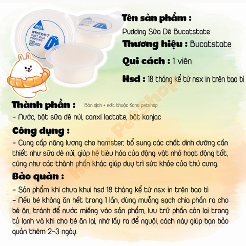 Pudding Sữa Dê Hamster Vỗ Béo 🐹FREESHIP🐹 Bucatstate Lẻ 1V Pudding Goat Milk Ăn Dặm Hamster, Sóc Nhím