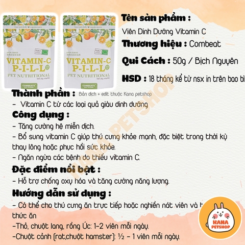 Vitamin Bổ Sung Combeat 🐹FREESHIP 🐹 Viên Bổ Sung Canxi, Papaya, Vitamin C Cho Thỏ Bọ Hamster