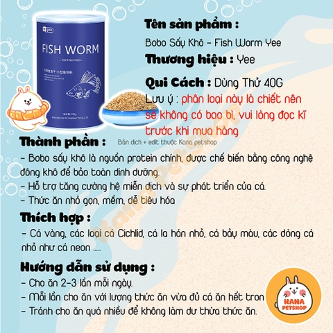 Bobo Sấy Khô Yee 🐟 FREESHIP 🐟 Fish Worm Thức Ăn Đạm Cao, Giàu Dinh Dưỡng Cho Cá Cảnh