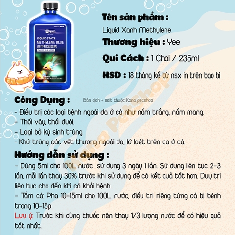 Methylene Khử Trùng Yee 🐟 FREESHIP 🐟 Cho Hồ Cá Thuỷ Sinh Bị Nhiễm Nấm, Vi Khuẩn Giảm 70% Ô Nhiễm