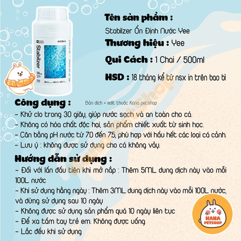 Chế Phẩm Yee Stabilizer Cân Bằng Môi Trường Sống Cho Cá 🐟 FREESHIP 🐟 Khử Clo Nước Máy Và Ổn Định PH
