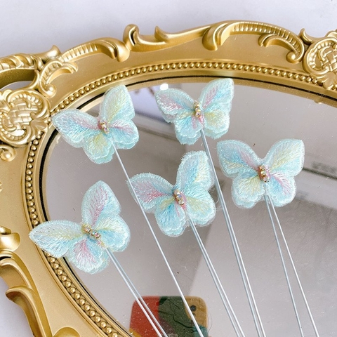 Set 5 bướm vải đính đá xanh dương óng