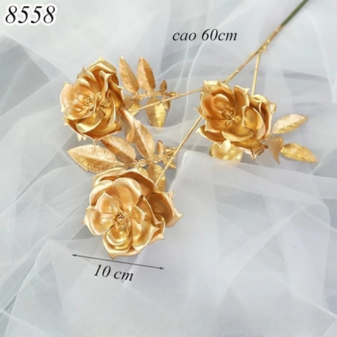 Cành hoa hồng 3 nhánh vàng đồng TQ