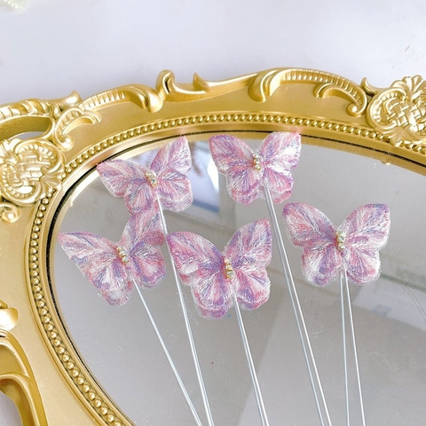 Set 5 bướm vải đính đá tím óng