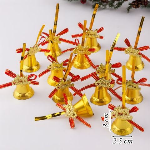 Set 12 Chuông Vàng Noel Kèm Nơ Đỏ
