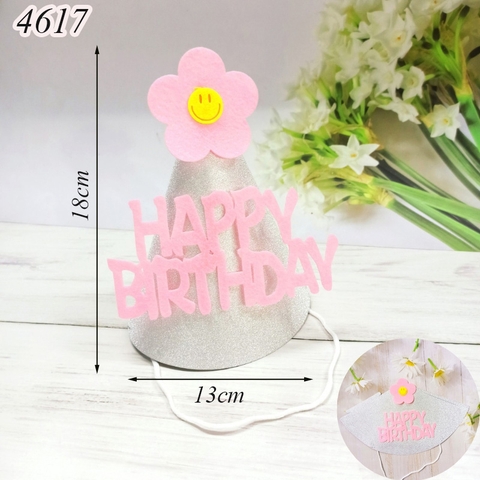 Mũ giấy kim tuyến bạc HPBD gắn hoa VN