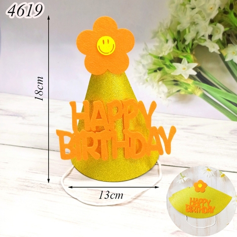 Mũ giấy nỉ kim tuyến vàng HPBD gắn hoa VN