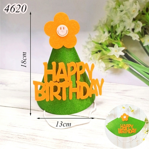 Mũ giấy kim tuyến xanh lá HPBD gắn hoa VN