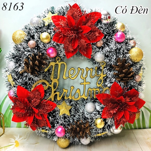 Vòng nguyệt quế noel Trắng 3 hoa toàn đỏ (có đèn) TP