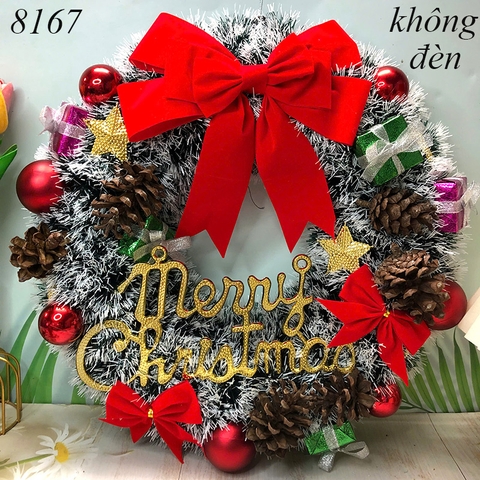 Vòng nguyệt quế noel Trắng nơ đỏ to 2 nơ nhỏ (không đèn) TP