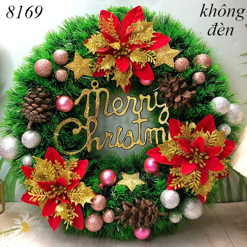 Vòng nguyệt quế noel Xanh 3 hoa chữ vàng (không đèn) TP