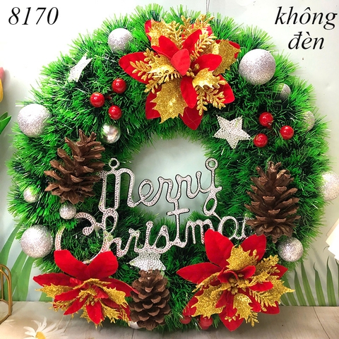 Vòng nguyệt quế noel Xanh 3 hoa chữ bạc (không đèn) TP
