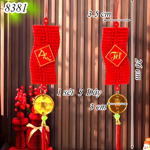 Tết- Set 5 Dây Tràng pháo nhung 8cm có decal đuôi đồng xu 3cm (5 dây/bịch)
