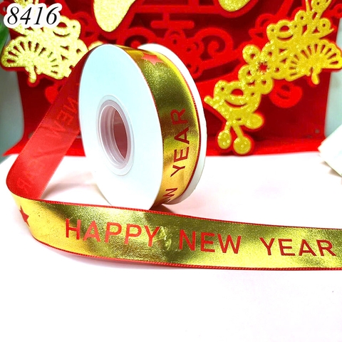 Cuộn 22m Ruybang Đỏ in nhũ Vàng Happy New Year 2.5cm
