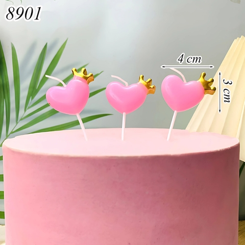 Vỉ 3 nến tim hồng vương miện vàng TQ