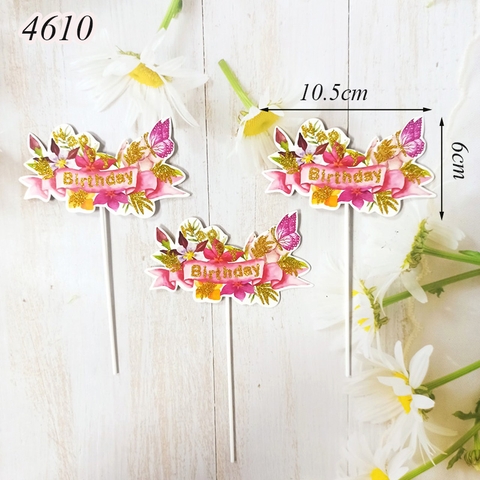 SCG-Set cắm 3 Thẻ HPBD hoa lá nhũ vàng
