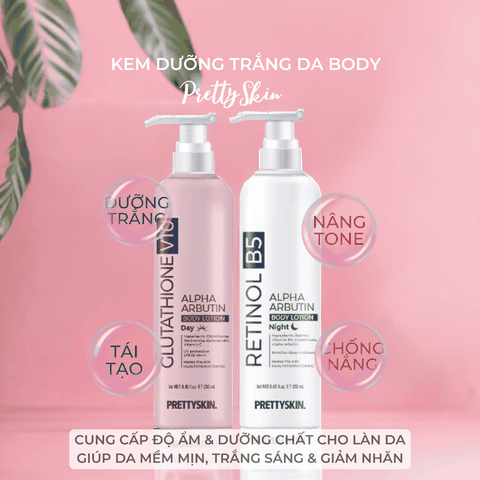 Kem dưỡng trắng body Prettyskin Lotion dưỡng thể chống lão hóa làm trắng da cấp tốc Glutathione và Retinol B5