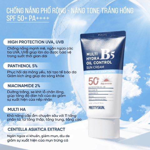 Kem chống nắng nâng tone Prettyskin Multi Hydra B5 Treatment Sun Cream dành cho da dầu mụn SPF50+ 50ml