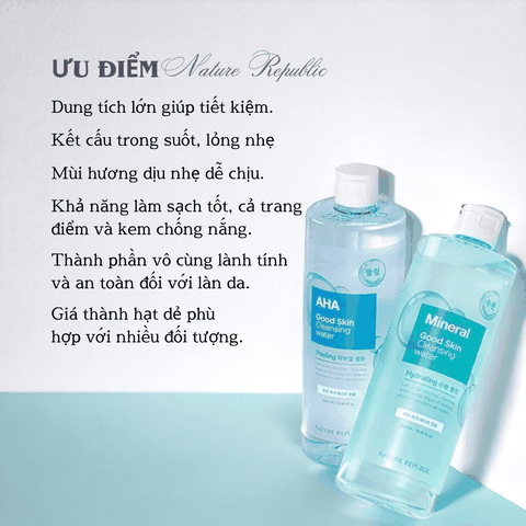 Nước tẩy trang Nature Republic Cleansing Water tẩy trang mắt môi trang điểm da dầu mụn da nhạy cảm da khô 500ml