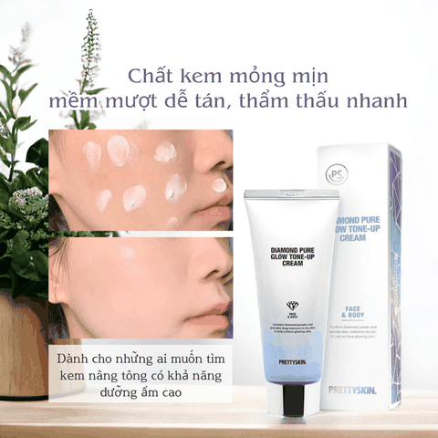 Kem nâng tone PrettySkin Diamond Tone-Up Cream dưỡng trắng da mặt và da body lót nâng tông trắng mịn 100ml