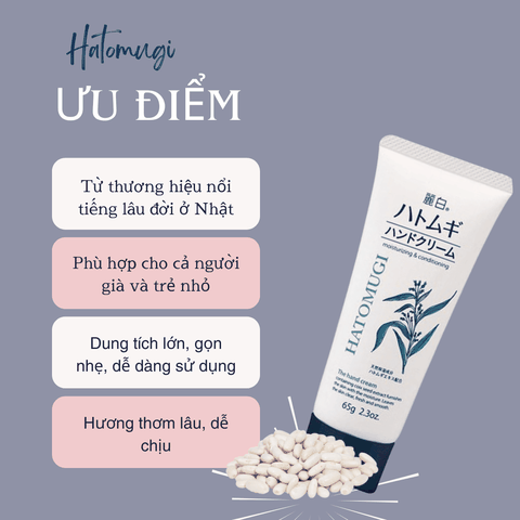 Kem dưỡng da tay Hatomugi Hand Cream dưỡng ẩm làm mềm da tay chiết xuất hạt ý dĩ Nhật Bản 65g