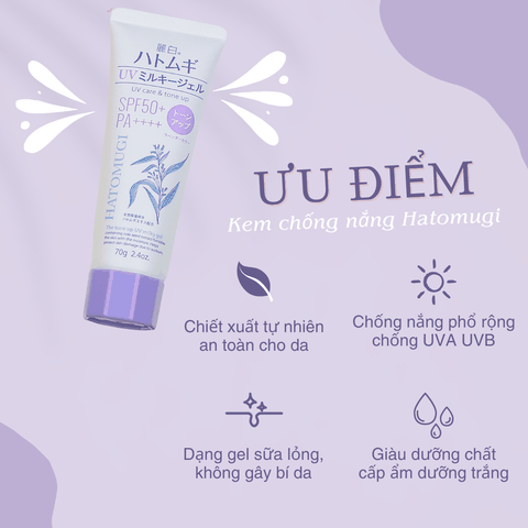 Kem chống nắng nâng tone Hatomugi UV Care dưỡng ẩm dưỡng trắng da chống nắng SPF50+ PA++++ Nhật Bản