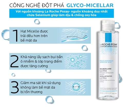Nước tẩy trang Laro Roche-Posay làm sạch sâu cho da nhạy cảm Micellar Water Ultra Sensitive Cleansing 50ml (HSD: 28/07/2025)
