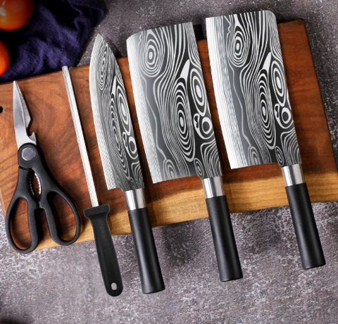Bộ dao nhà bếp đầy đủ bộ dao gia dụng, dao chặt xương, dao thái lát hoa văn Damascus