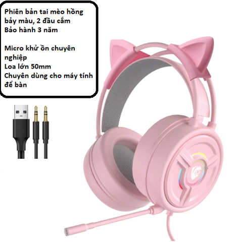 Tai nghe chơi game có dây Panson PSH-200 Cat Edition Pink Crystal dành cho máy tính để bàn và máy tính xách tay có micrô