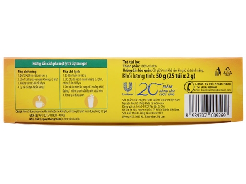 Trà đen túi lọc Lipton nhãn vàng hộp 50g (25 túi x 2g)