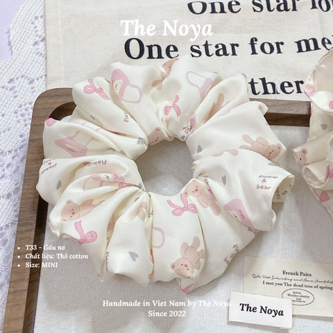 Dây buộc tóc 2 KIỂU handmade hoạ tiết gấu nơ be The Noya T33