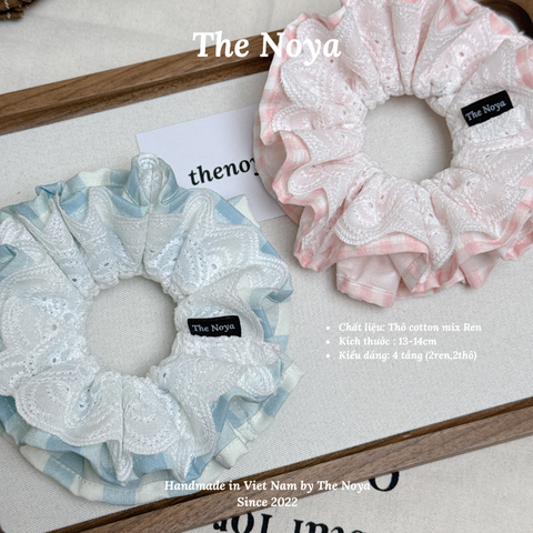 Scrunchie Ren 4 tầng , Dây buộc tóc hoạ tiết thô cotton phối ren form to hàng thủ công handmade by The Noya