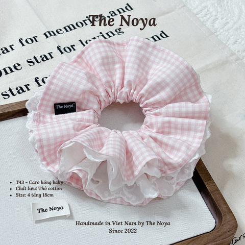 Scrunchies siêu phồng hoạ tiết CARO HỒNG BABY dễ thương mix viền ren by The Noya T43
