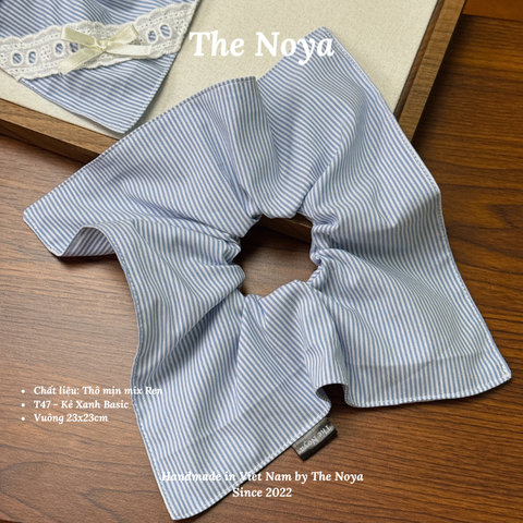 Scrunchie Basic Thô Cotton hoạ tiết kẻ xanh hàng thủ công handmade The Noya T47