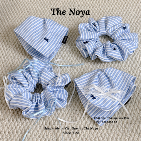 Scrunchie Thô Cotton hoạ tiết kẻ xanh nơ hàng thủ công handmade The Noya T50