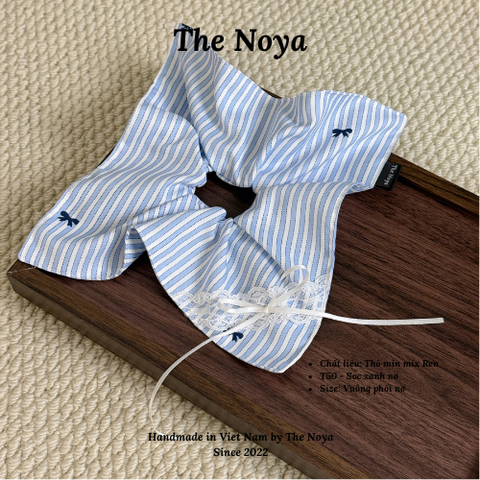 Scrunchie Thô Cotton hoạ tiết kẻ xanh nơ hàng thủ công handmade The Noya T50