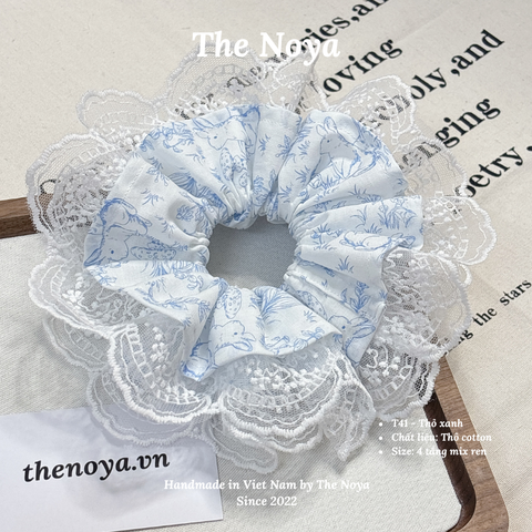 Dây cột tóc scrunchies hoạ tiết Thỏ Xanh mix ren xinh xắn phong cách Hàn Quốc by The Noya T41