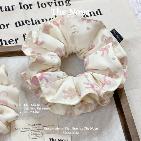 Dây buộc tóc 2 KIỂU handmade hoạ tiết gấu nơ be The Noya T33