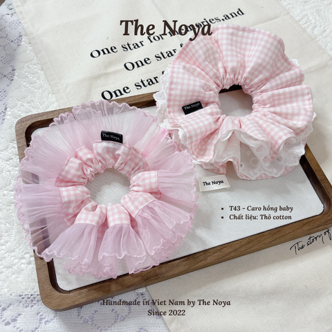 Scrunchies siêu phồng hoạ tiết CARO HỒNG BABY dễ thương mix viền ren by The Noya T43