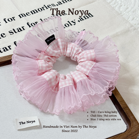 Scrunchies siêu phồng hoạ tiết CARO HỒNG BABY dễ thương mix viền ren by The Noya T43