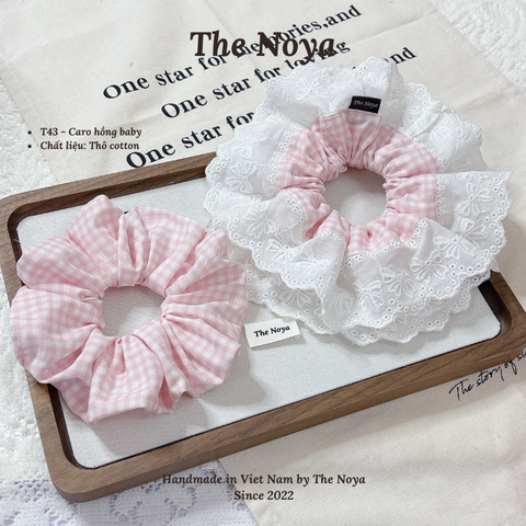 Scrunchies siêu phồng hoạ tiết CARO HỒNG BABY dễ thương mix viền ren by The Noya T43
