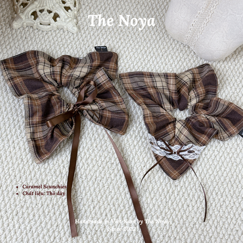 Scrunchies vuông 2 kiểu hoạ tiết kẻ caro handmade by The Noya T53 Caramel