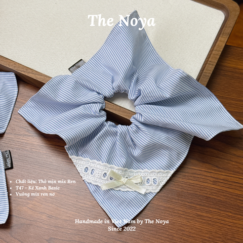 Scrunchie Basic Thô Cotton hoạ tiết kẻ xanh hàng thủ công handmade The Noya T47