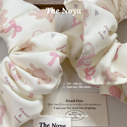 Dây buộc tóc 2 KIỂU handmade hoạ tiết gấu nơ be The Noya T33