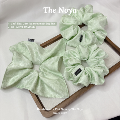 Cột tóc Gấm Lụa Jacquard màu Mint Damask may thủ công The Noya G1