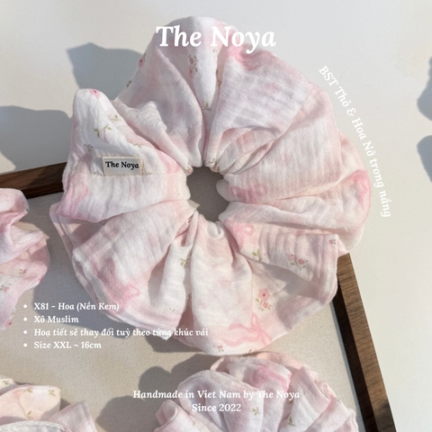 [BST Thỏ & Hoa Nở Trong Nắng] Scrunchie, dây buộc tóc xô muslim handmade siêu phồng hoạ tiết vintage The Noya X81 - Hoa nền kem