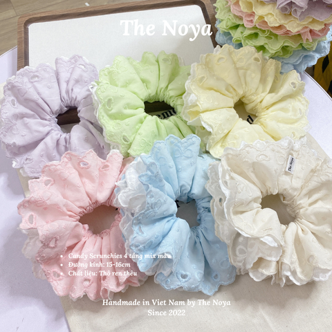 [SIÊU TO] Candy scrunchies - 4 lớp mix màu pastel siêu bồng bềnh thô pha ren nơ The Noya