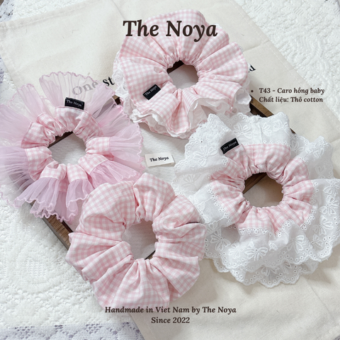 Scrunchies siêu phồng hoạ tiết CARO HỒNG BABY dễ thương mix viền ren by The Noya T43