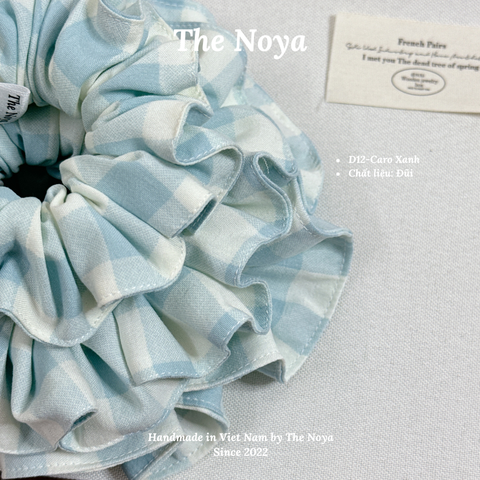 Dây buộc tóc hoạ tiết caro xanh thủ công handmade chất đũi mí viền The Noya D12
