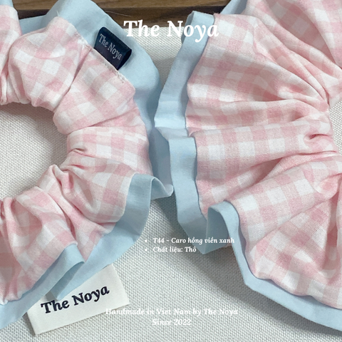SECRET Scrunchies dây buộc tóc hoạ tiết Caro Hồng Viền Xanh dễ thương phong cách Hàn Quốc by The Noya T44